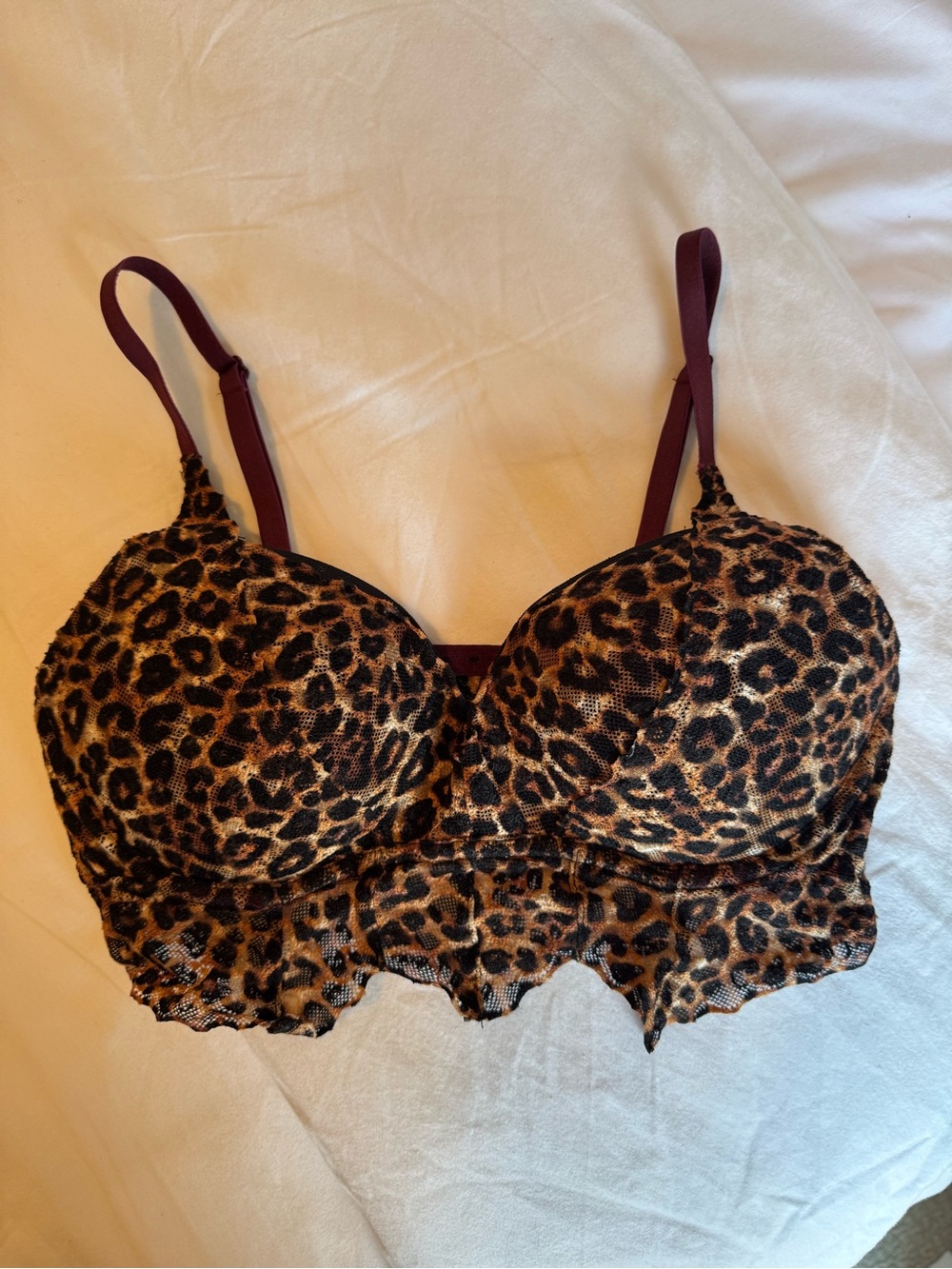 PINK Victoria's Secret Leopard Longline Bralette with Burgundy Straps